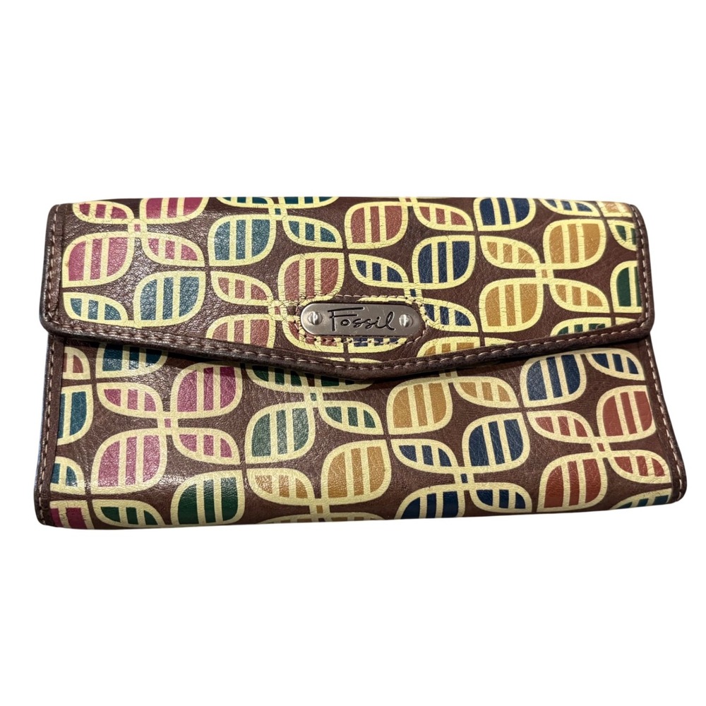 Fossil Brown Geometric Clutch Wallet Snap Closure Zip Coin Pocket